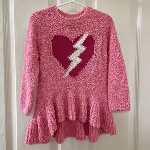 Hatley Pink Heart Lightning Bolt Fuzzy Tunic Peplum Sweater Girls Size 4